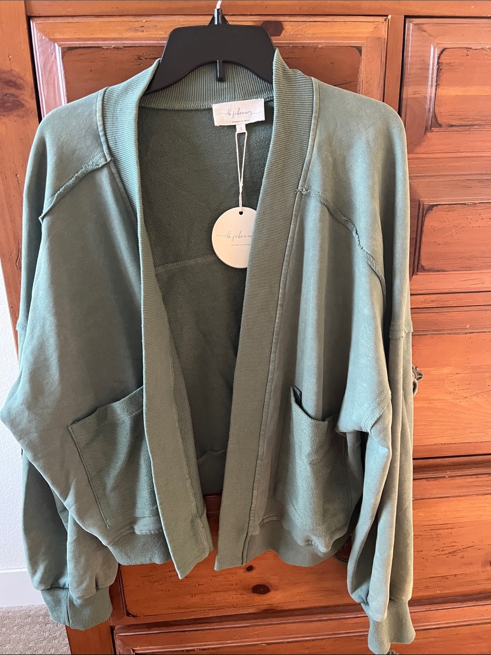 Relaxed Olive Green Open-Front Sweatshirt Jacket by In February NWT
